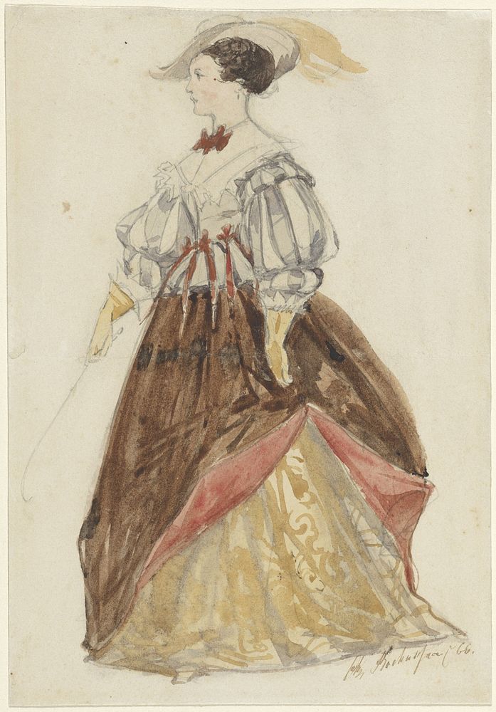 Vrouw in rijkostuum, met hoed op en zweep in de hand (1866) by Charles Rochussen