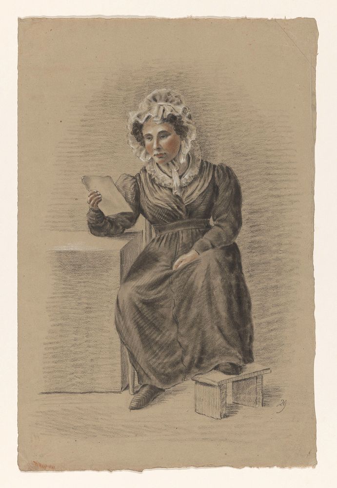 Zittende vrouw met de voet op een stoof, een brief lezend (1809 - 1869) by Alexander Cranendoncq