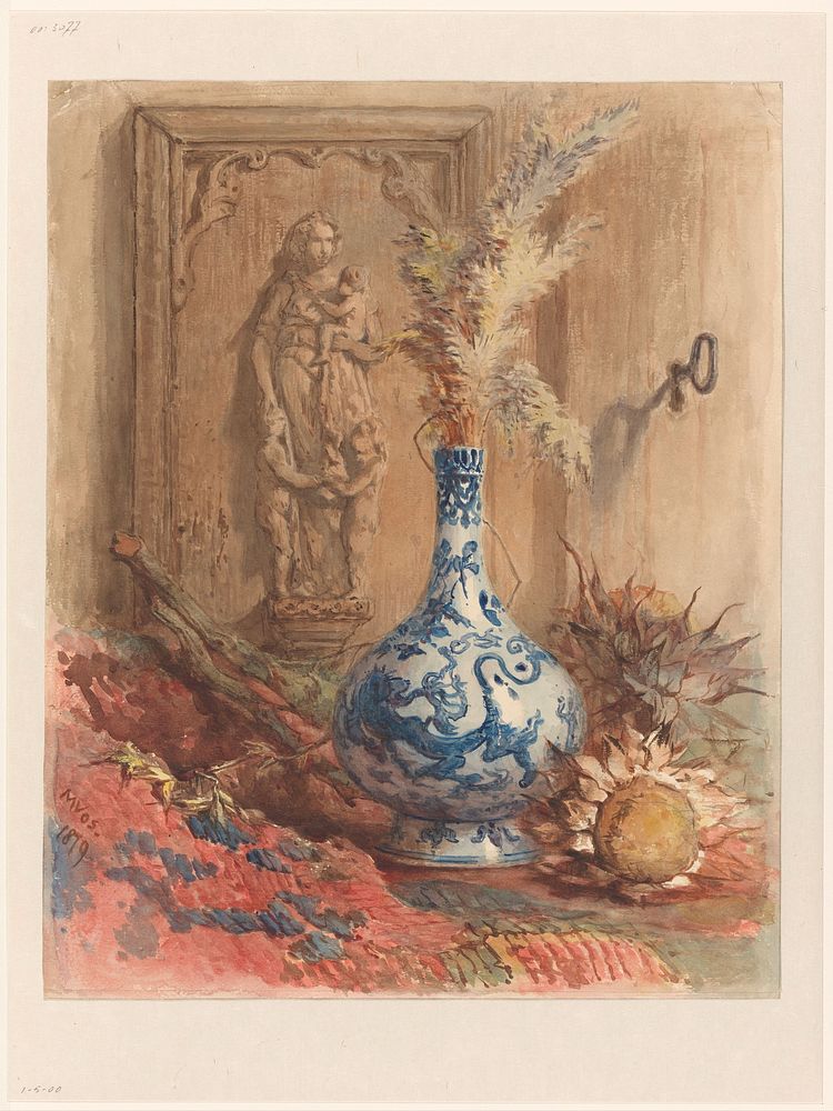 Stilleven met Chinese vaas en gedroogde zonnebloemen (1879) by Maria Vos