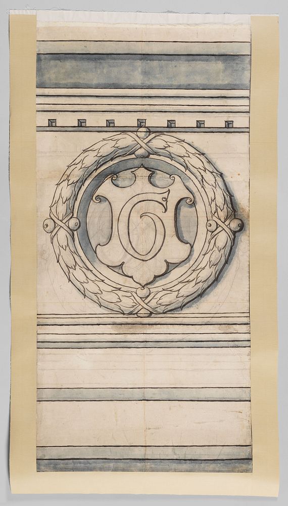 Lauwerkrans met letter C of G. Fragmenten karton voor het glasraam in de westgevel van Joris van Egmond (Bisschop van…