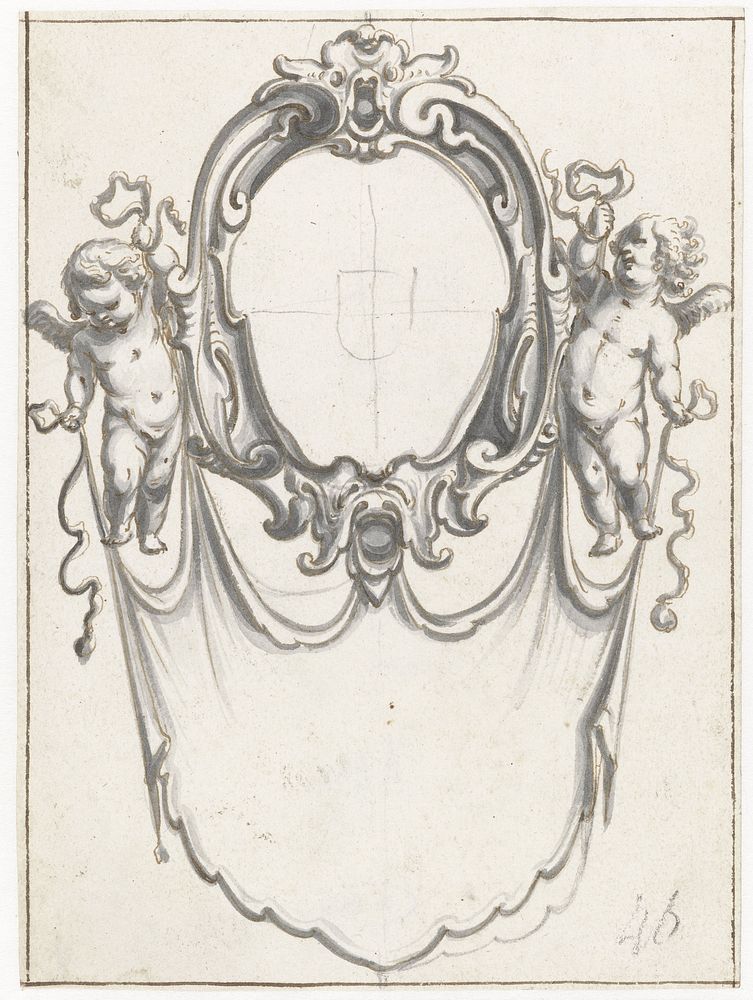 Cartouche met twee putti met een draperie (1630 - 1672) by Pieter Jansz and Jan de Bray