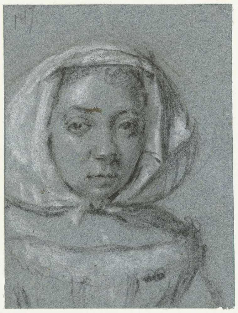Hoofd van een jonge vrouw met een hoofddoek (c. 1660) by Moses ter Borch