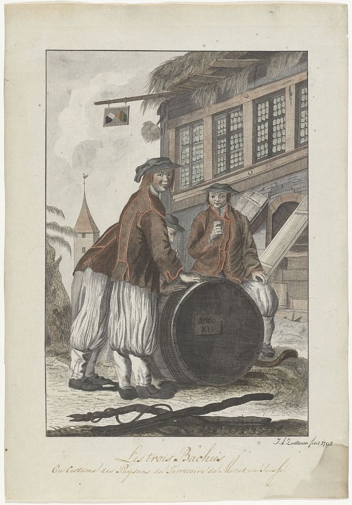 Drie mannen in Zwitserse kleding voor een huis (1795) by J A Zoutman