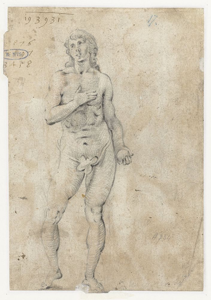 Staande Adam die de appel vasthoudt (c. 1612) by Gerard ter Borch I and anonymous