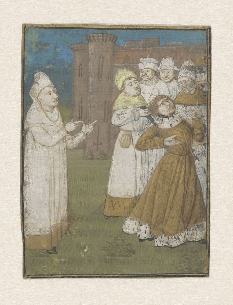 Boccacio, links, is getuige van het neersteken van een koning (c. 1470) by anonymous and Giovanni Boccaccio