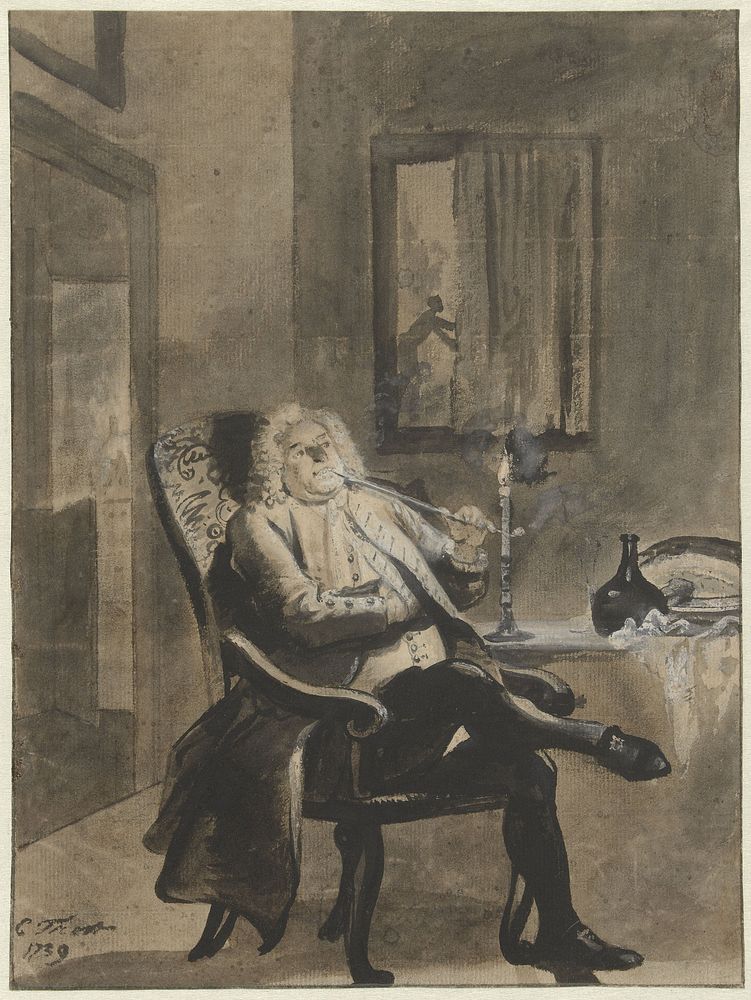 Seated Man Smoking a Pipe by Candlelight while Houses Outside Are Ablaze (1739) by Cornelis Troost