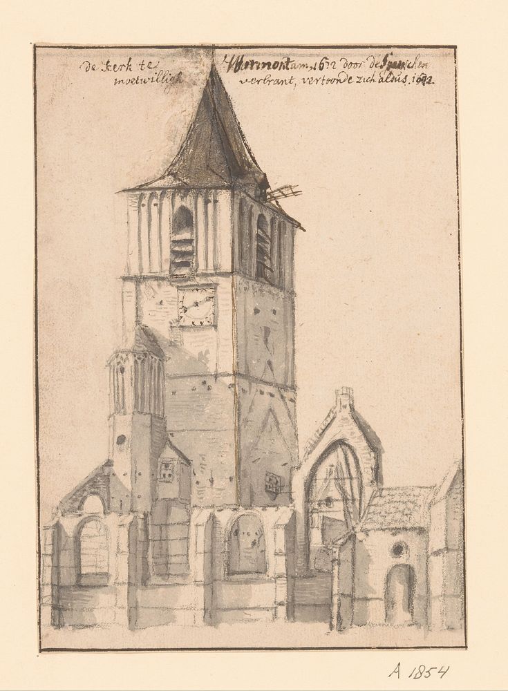 Gezicht op de toren van de kerk te Warmond (1700 - 1750) by anonymous