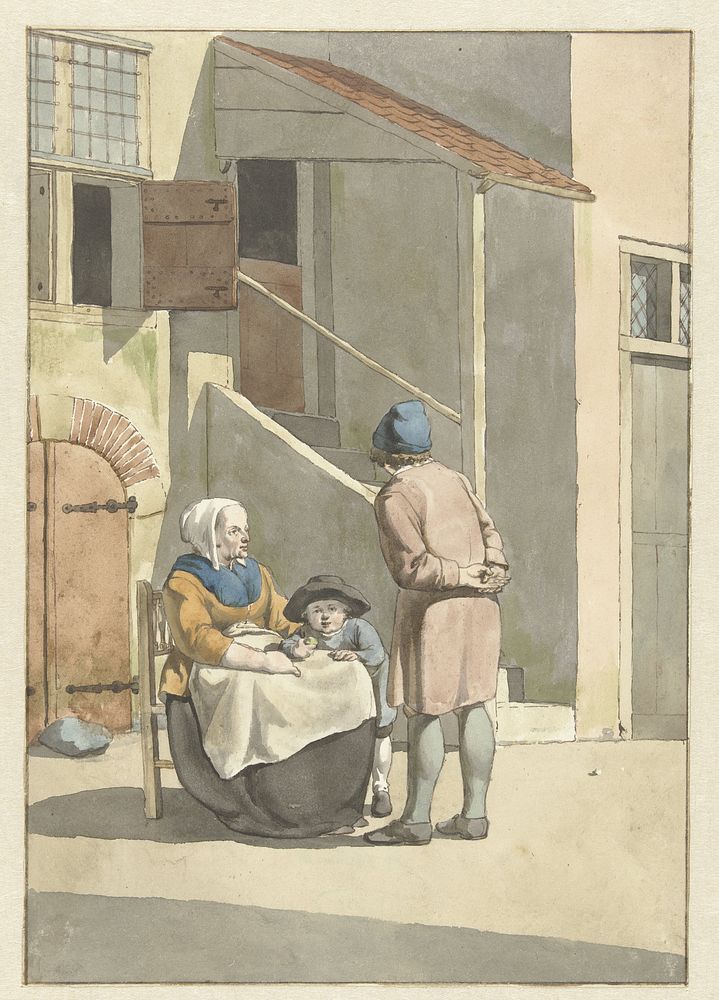 Jongen en vrouw met kind voor een huis (1700 - 1800) by W Barthautz