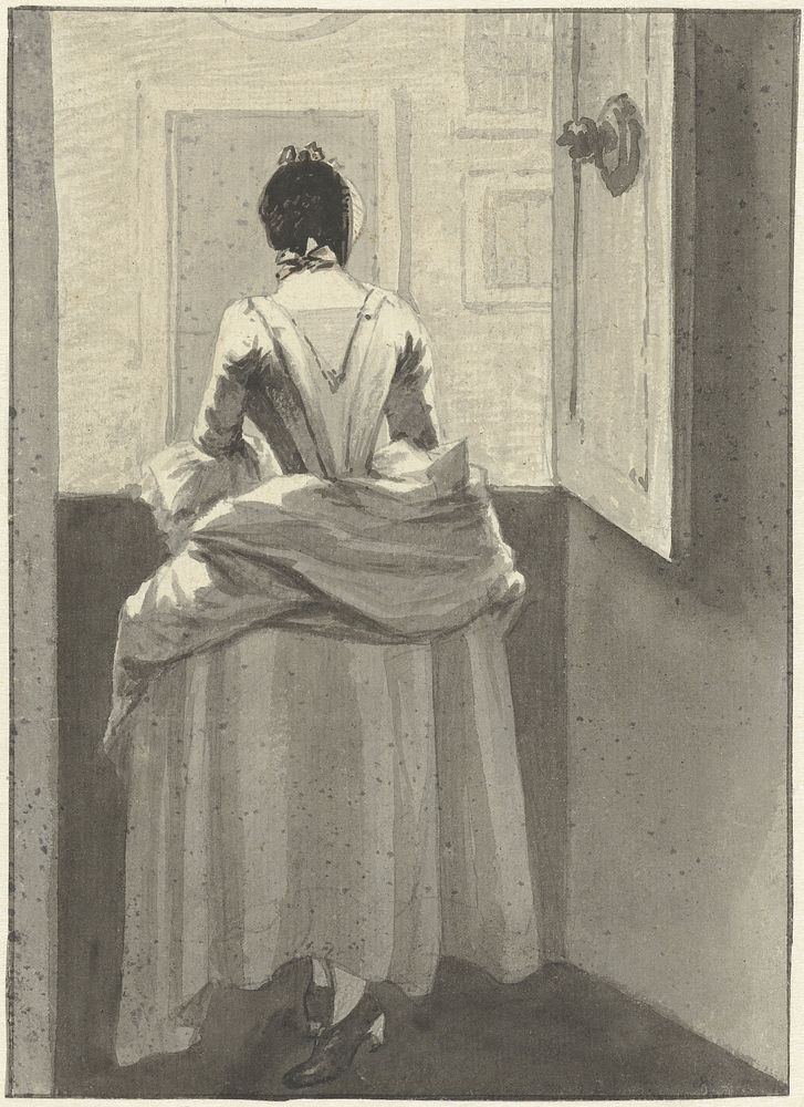 Vrouw staande voor een deur (1754 - 1831) by Wybrand Hendriks