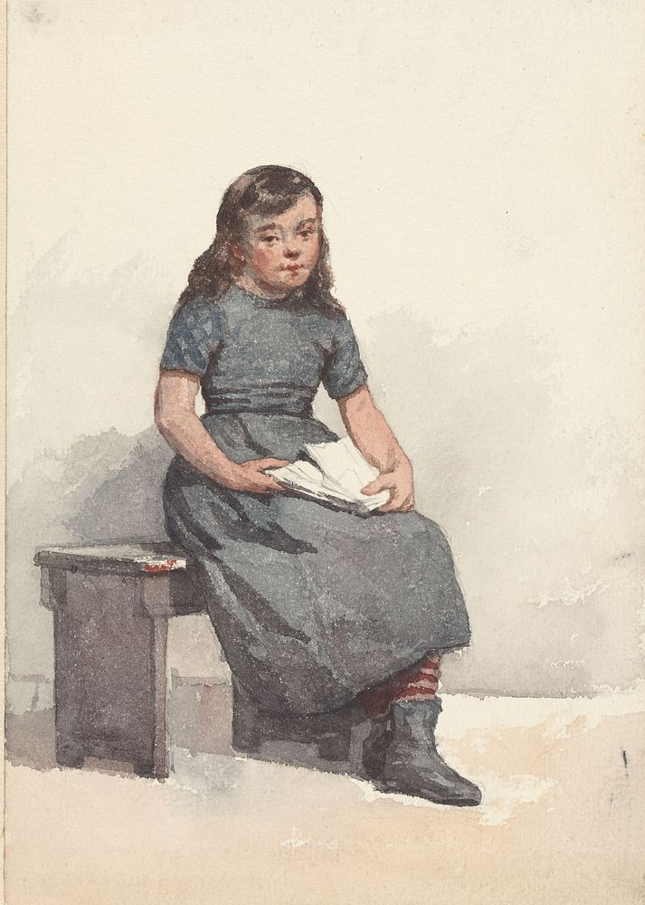 Zittend meisje met papieren op schoot (1836 - 1896) by Hendrik Valkenburg
