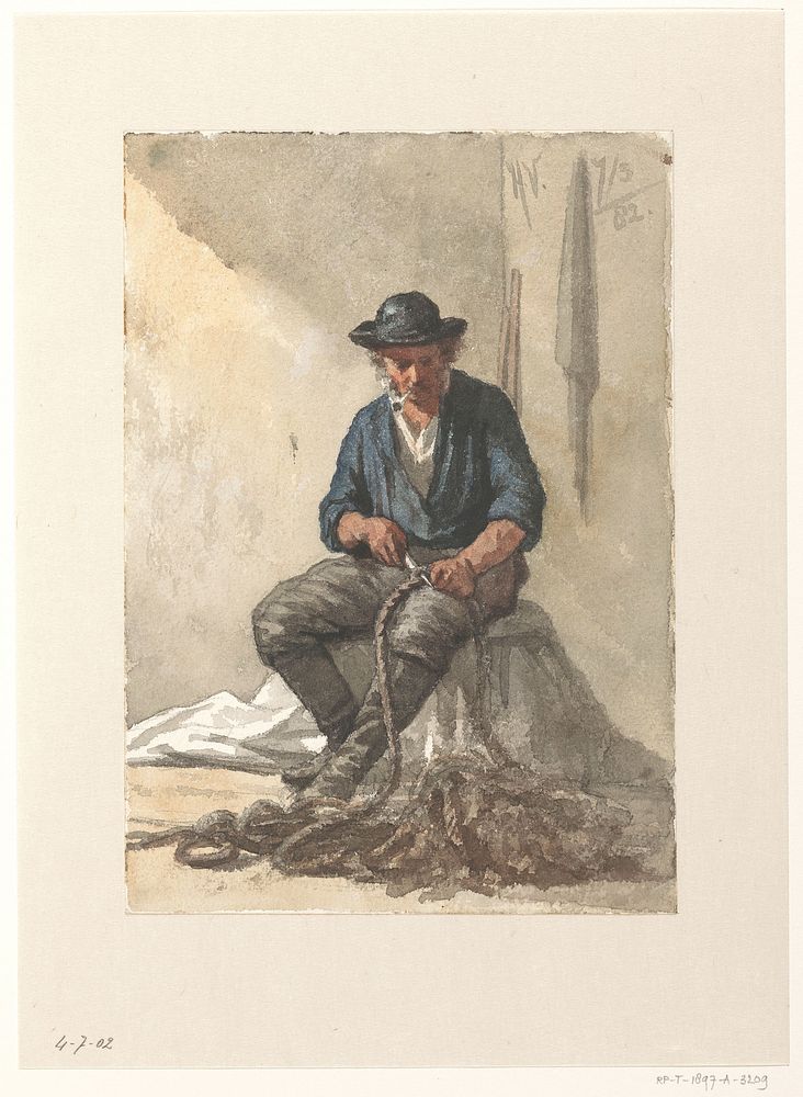 Zittende visser werkend aan een touw (1882) by Hendrik Valkenburg