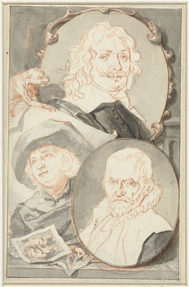 Portretten van Adriaan Brouwer, Jurriaen Ovens en Cornelis Bega (1708 - 1780) by Jacob Houbraken