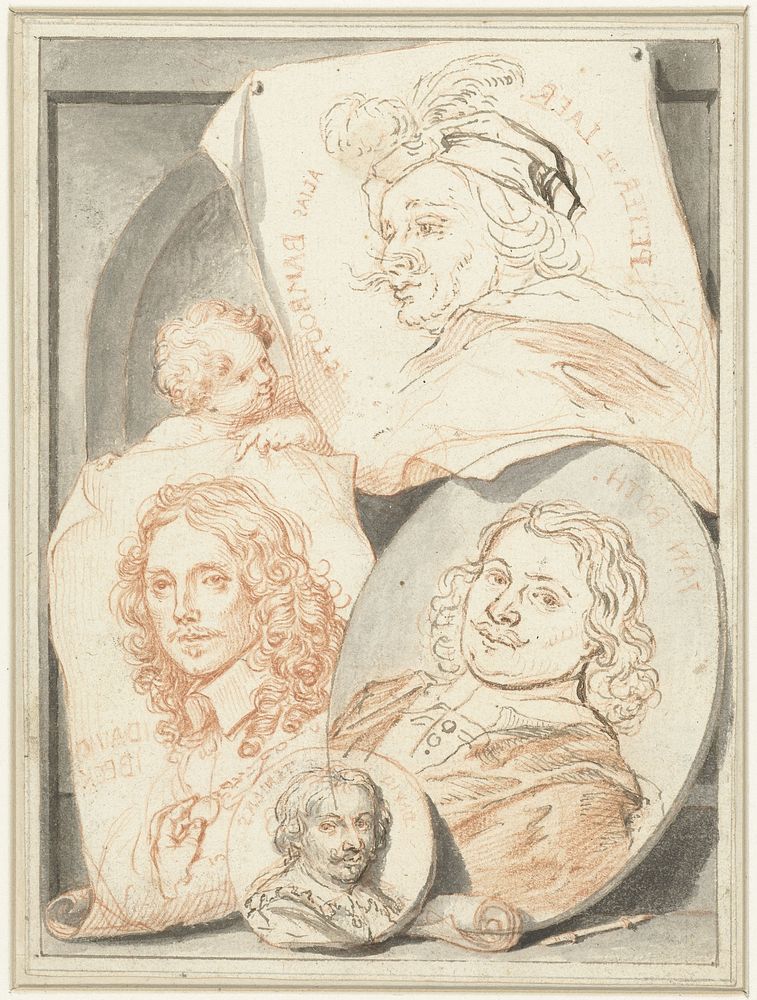 Portretten van Pieter van Laer, David Beck, Jan Both en David Teniers (de Oude?) (1708 - 1780) by Jacob Houbraken