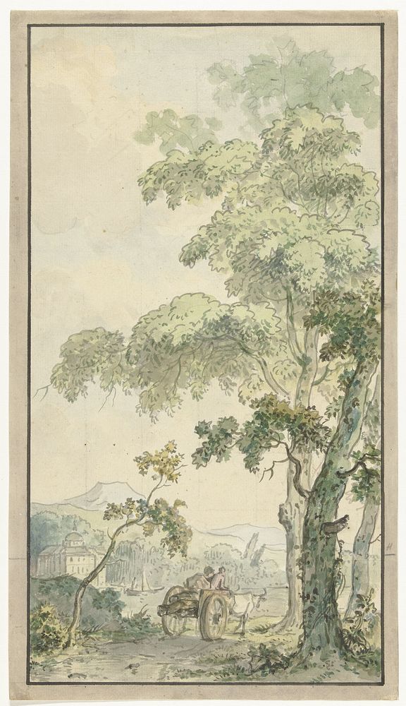 Ontwerp voor kamerbehangsel met landschap met kar (c. 1752 - c. 1819) by Jurriaan Andriessen and Isaac de Moucheron