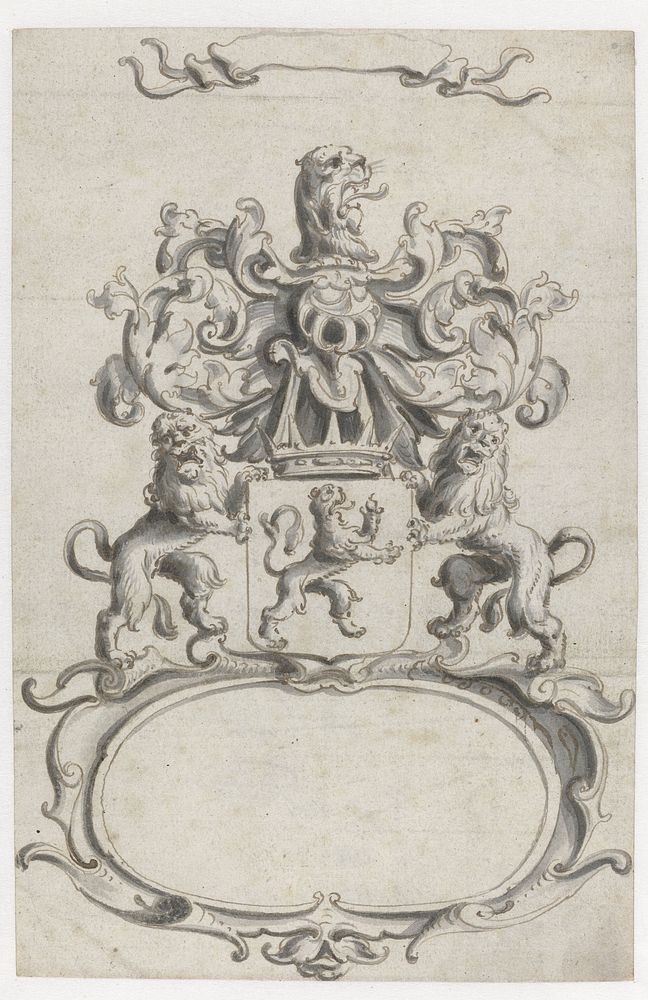 Ovale cartouche met wapen tussen twee leeuwen (1649 - 1654) by Pieter Jansz