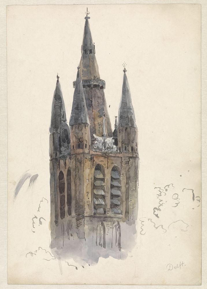 Kerktoren te Delft (1834 - 1893) by Willem Anthonie van Deventer