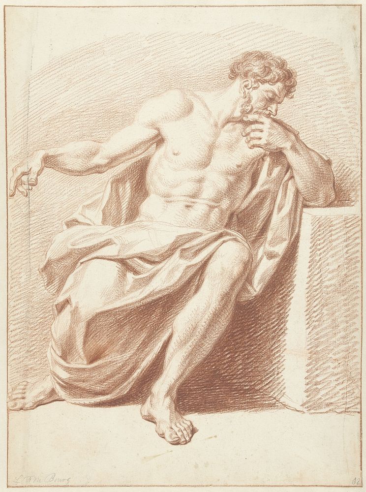 Studie van zittende man met omgeslagen draperie (c. 1703 - c. 1775) by Louis Fabritius Dubourg