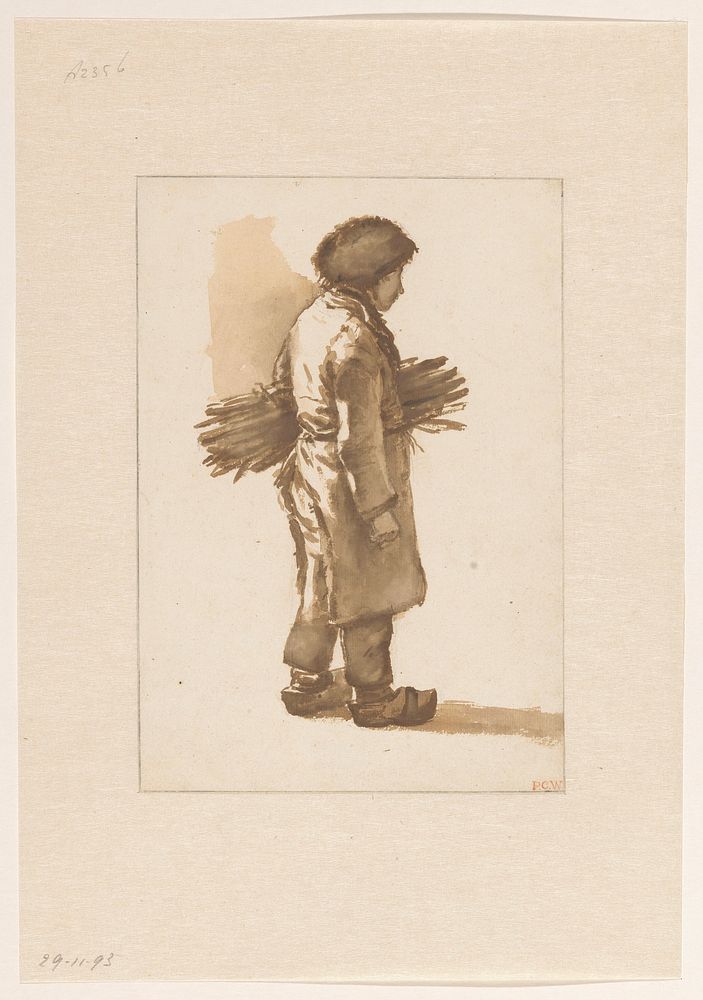 Staande jongen met bontmuts, klompen en een takkenbos onder de arm (c. 1801 - c. 1873) by George Pieter Westenberg