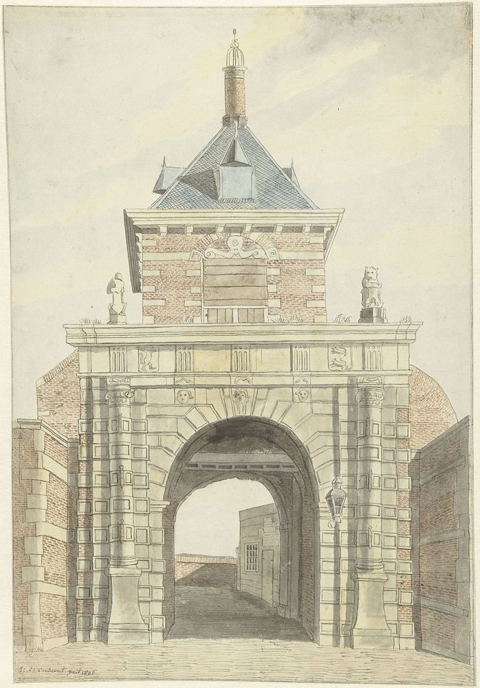 Gezicht op de oude Vriesche Poort te Alkmaar, van voren (1802) by Jacobus Andreas Crescent