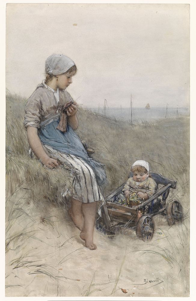 Vissersmeisje met kind in kinderwagen in de duinen (1880) by Bernardus Johannes Blommers