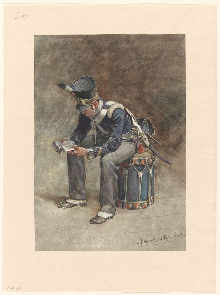 Zittende lezende tamboer van de infanterie (1868 - 1892) by Jan Hoynck van Papendrecht