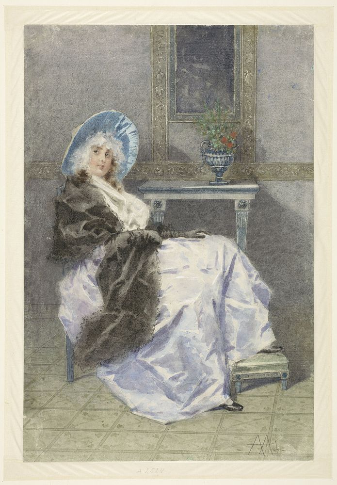 Zittende jonge vrouw met zwarte shawl en paarse rok (1860 - 1892) by Angelo Achini