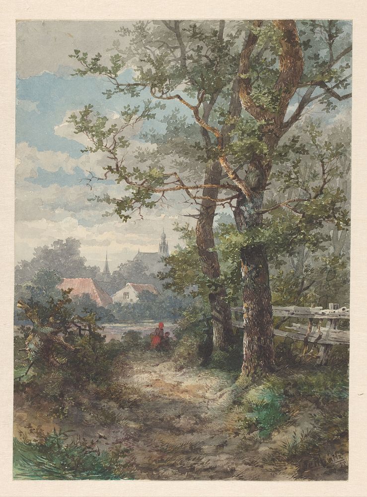 Landschap met twee bomen, in de verte een stad (1875) by Sebastiaan M S de Ranitz