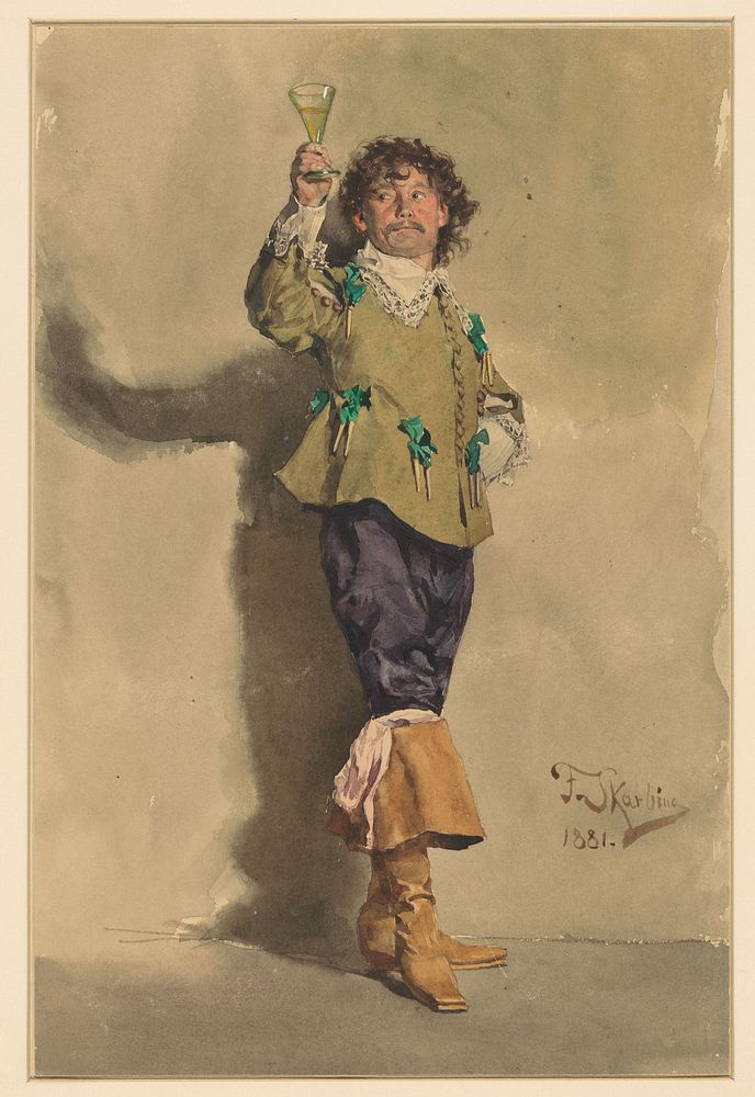 Man in Louis XIII-kledij, staande ten voeten uit, driekwart naar rechts, een glas wijn heffend (1881) by Franz Skarbina