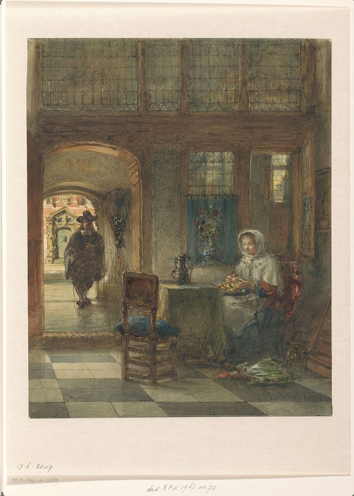 Vrouw die appels schilt en een man in de gang (1831 - 1892) by Johannes Stroebel