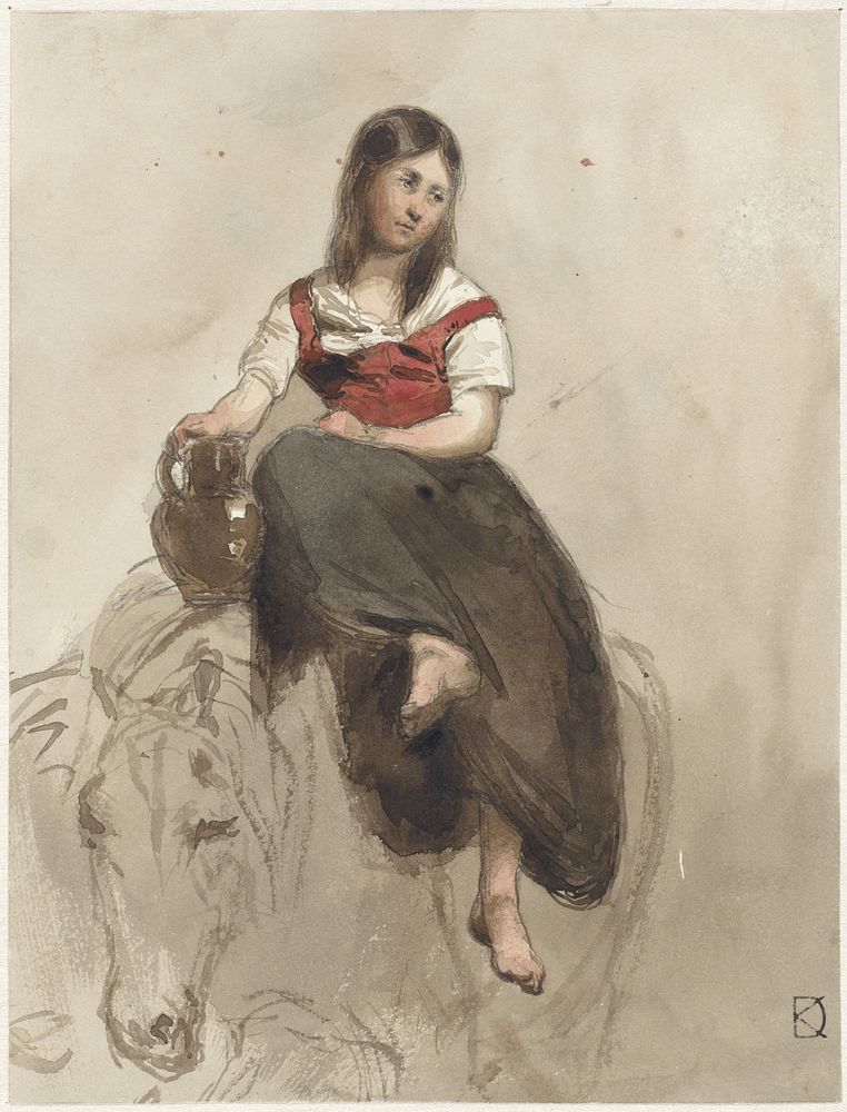 Vrouw op een paard gezeten met kan (1841 - 1857) by Johan Daniël Koelman