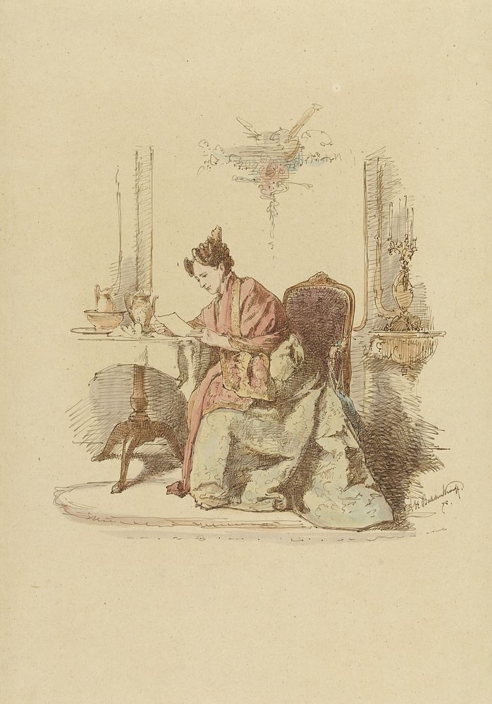 Vrouw die een brief leest aan een tafel (1875) by Alexander Hugo Bakker Korff