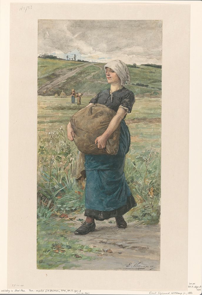 Lopende vrouw met zware zak (1883) by Ernst Witkamp