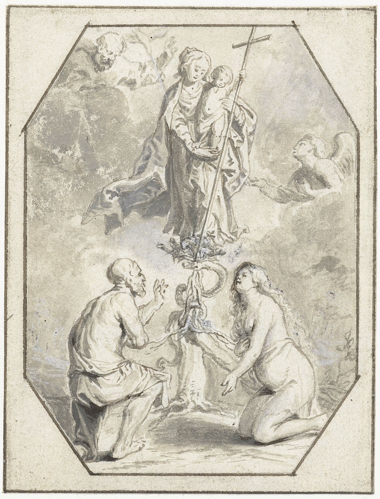 Adam en Eva knielend voor Maria met kind (1606 - 1675) by Abraham van Diepenbeeck