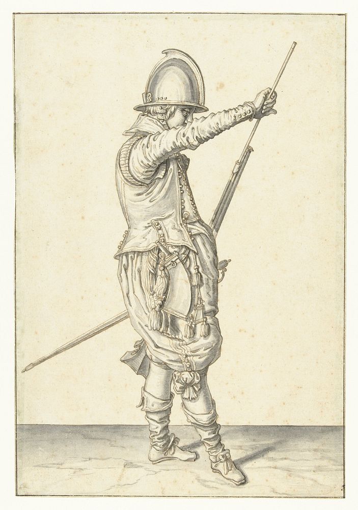 Soldaat die zijn laadstok uit de houder onder de loop van zijn roer haalt (1596 - 1606) by Jacques de Gheyn II