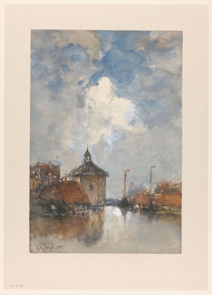 Havengezicht met schepen en een ronde toren (1895) by Johannes Gijsbert Vogel