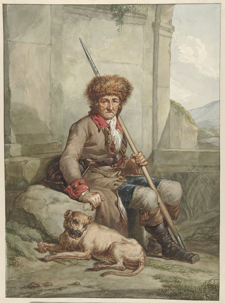 Zittende jager met bontmuts, speer en weitas (1763 - 1826) by Abraham van Strij I