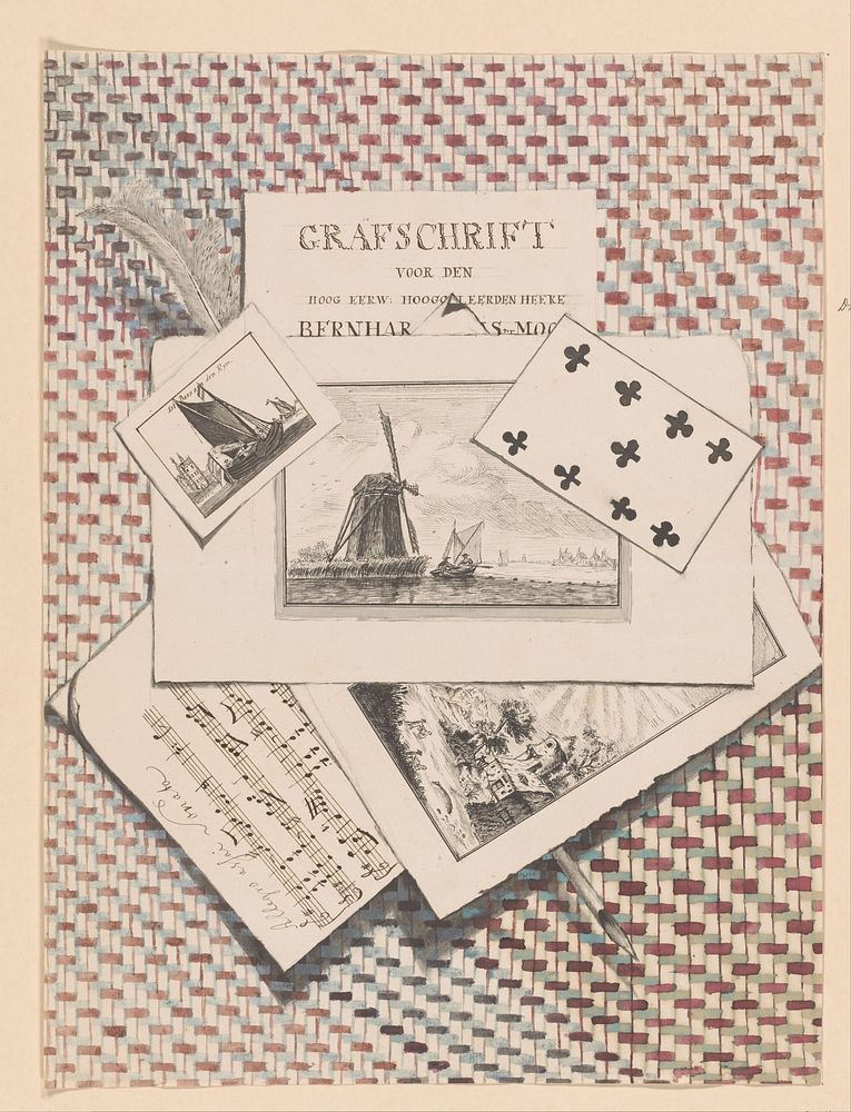 Bedriegertje met prenten, een grafschrift, blad muziek, speelkaart en veer (in or after 1780) by anonymous