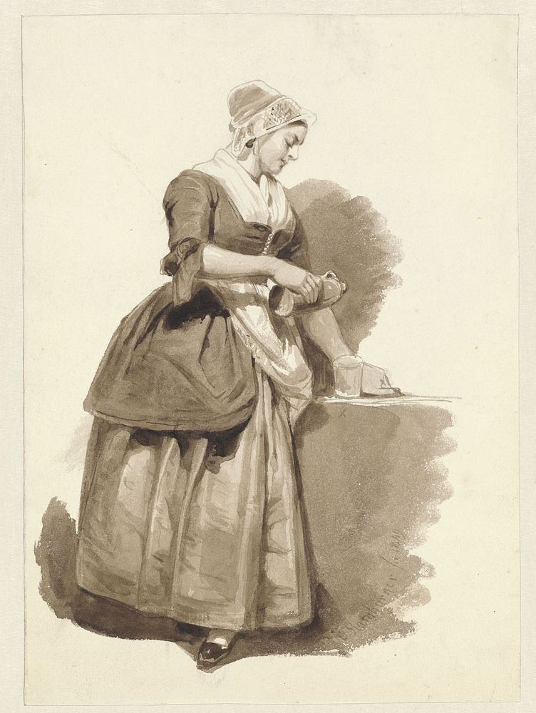 Jonge vrouw, uit een kruik een glas inschenkend (1849) by Coenraad Hamburger