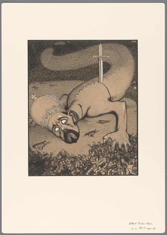 Ontwerp voor een politieke spotprent: slang met gekroond hoofd neergestoken door zwaard van Justitia (1887 - 1919) by Albert…