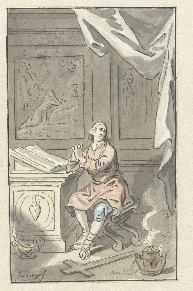 Zittende man met gevouwen handen, achter een bijbel (c. 1734 - c. 1801) by Jacobus Buys
