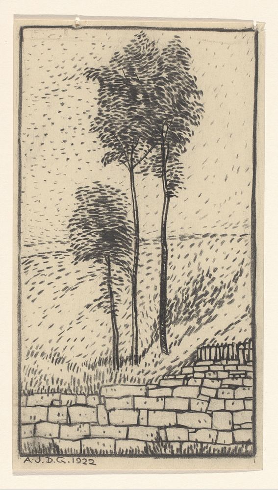 Drie bomen bij een stenen muur (1922) by Julie de Graag