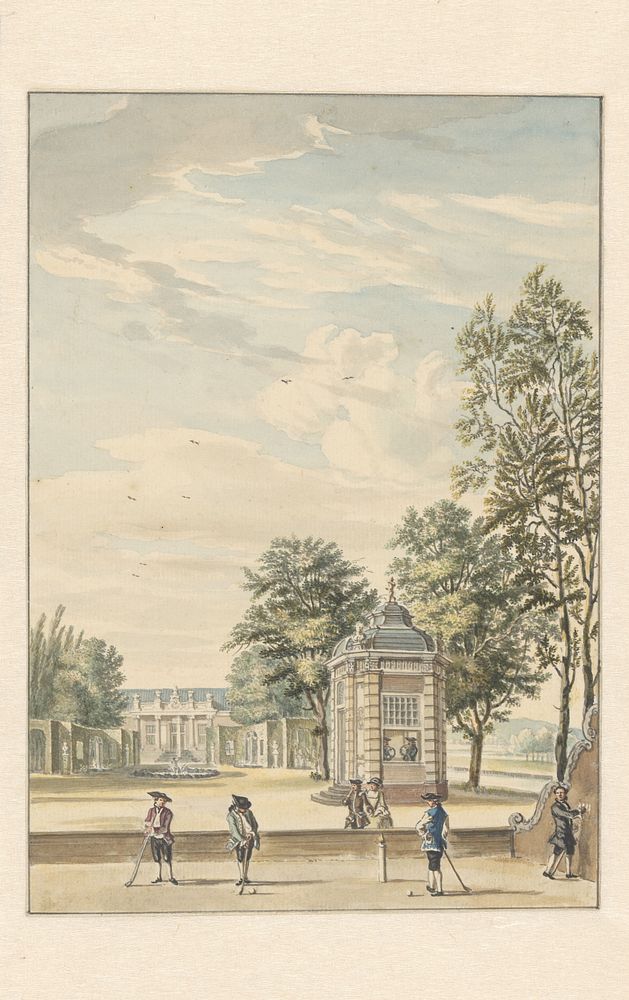 Gezicht op een buitenplaats met vier kolfspelers (1706 - 1800) by Cornelis Troost and anonymous