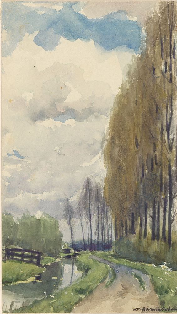 Pad met hoge bomen langs een sloot (1870 - 1920) by Willem Wenckebach