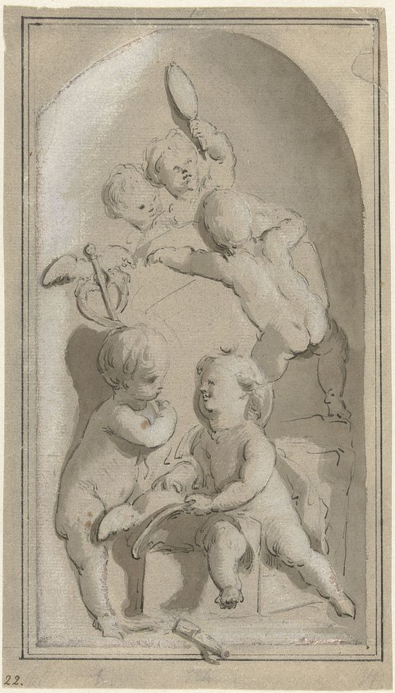 Allegorie met vijf putti met de attributen van Mercurius (1705 - 1754) by anonymous and Jacob de Wit