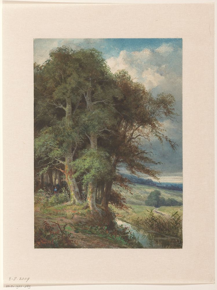 Hoge bomen waarlangs een stroompje loopt (1838 - 1879) by Augustin Taurel
