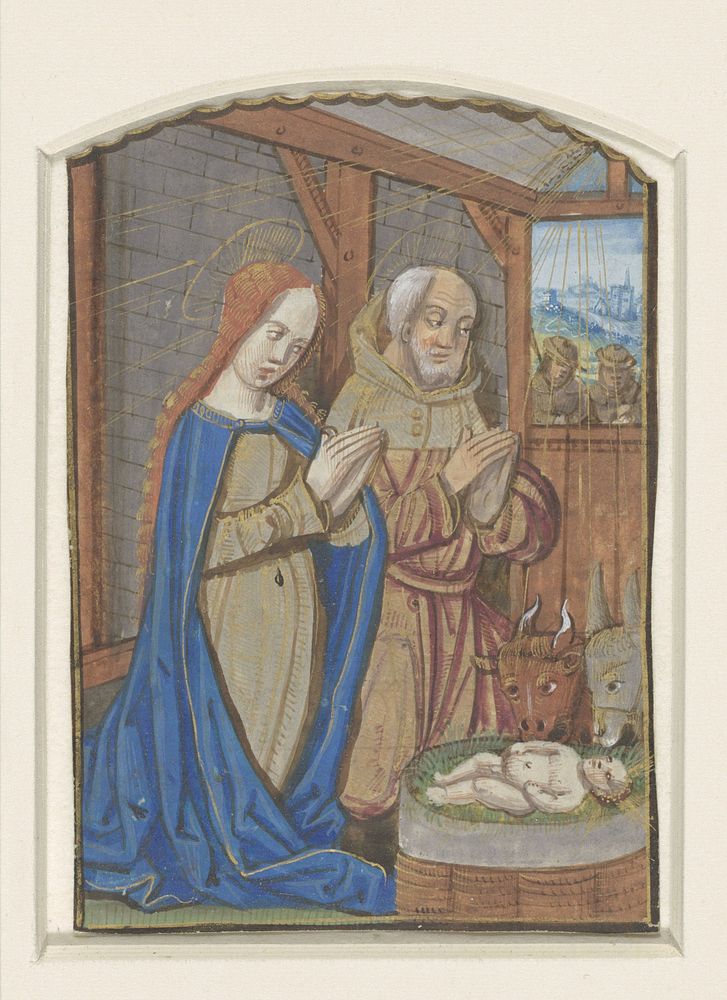 Miniatuur uit een getijdenboek: aanbidding door Maria en Jozef (1475 - 1500) by anonymous