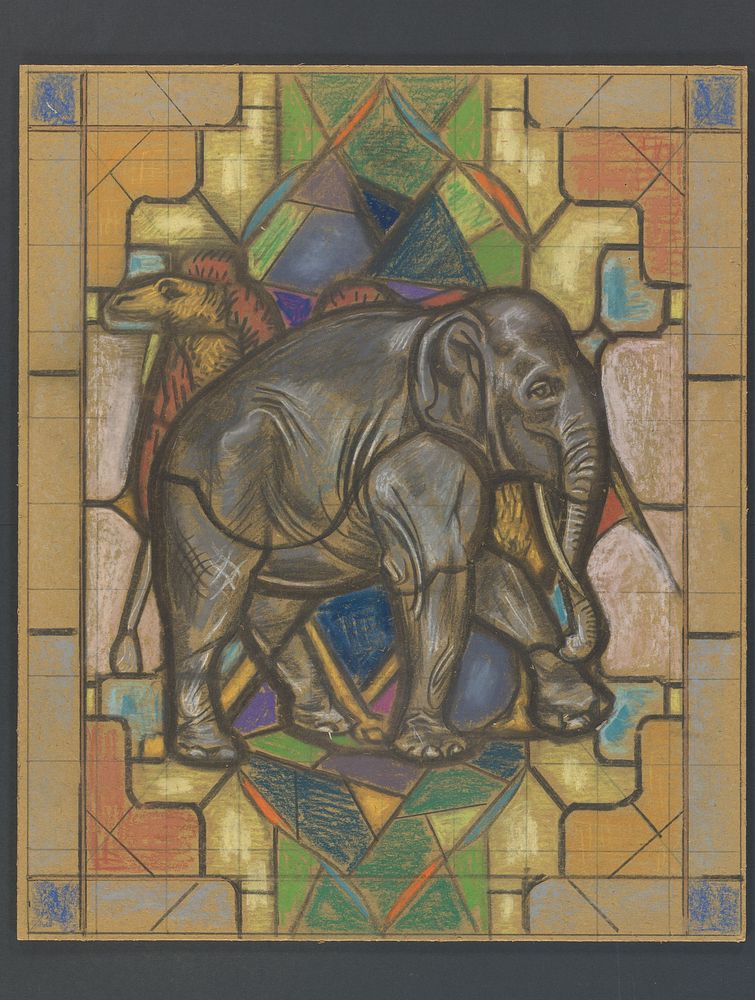 Ontwerp voor een glas in loodraam met een olifant en kameel (1896 - 1934) by Jaap Weyand