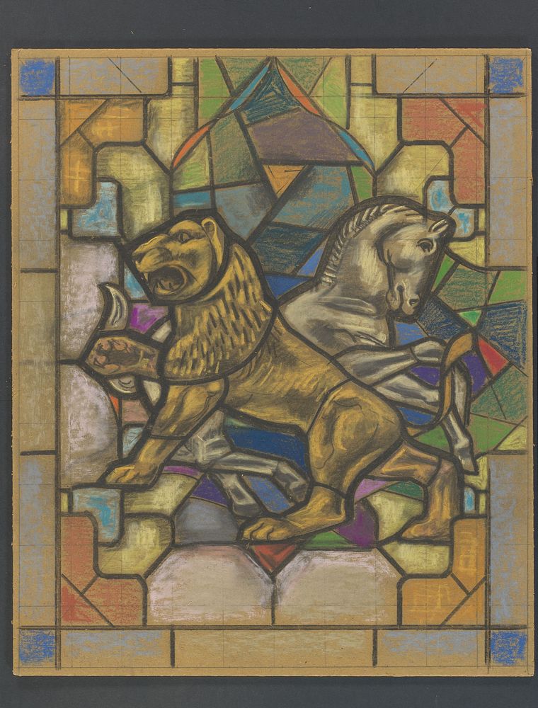 Ontwerp voor een glas in loodraam met een leeuw en paard (1896 - 1934) by Jaap Weyand