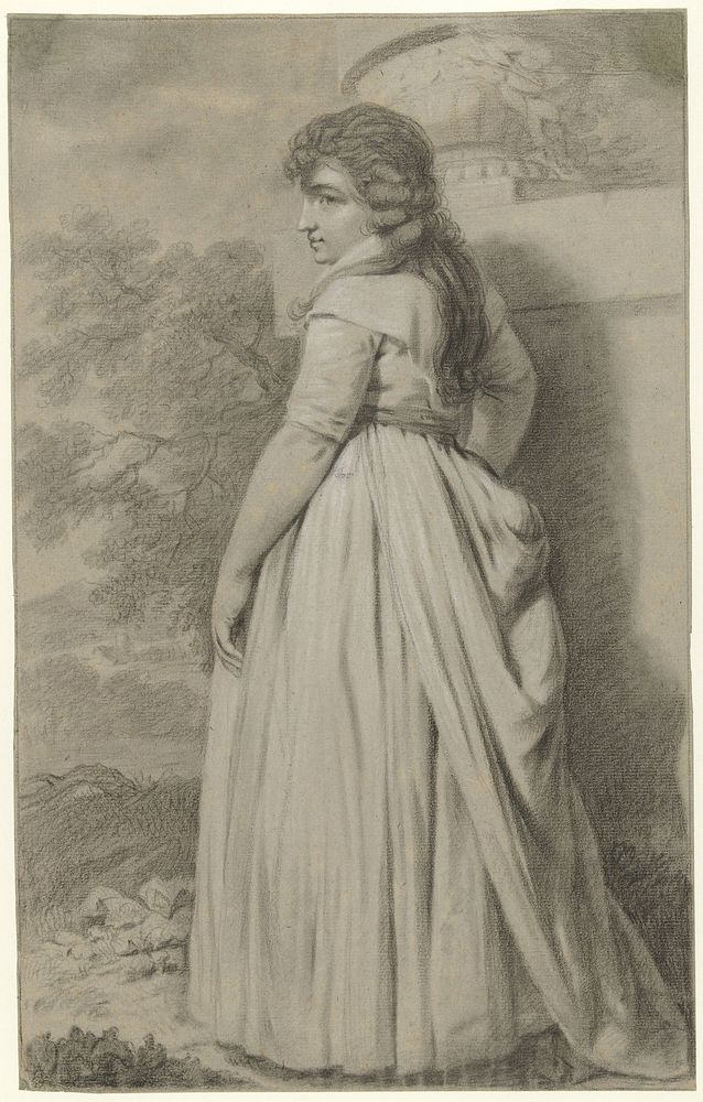 Jonge vrouw, op de rug gezien, staand in een tuin (1770 - 1837) by Taco Scheltema I
