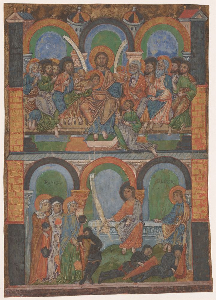 Fragment van een liturgisch boek: het Laatste Avondmaal en de drie vrouwen bij het lege graf (1100 - 1200) by anonymous